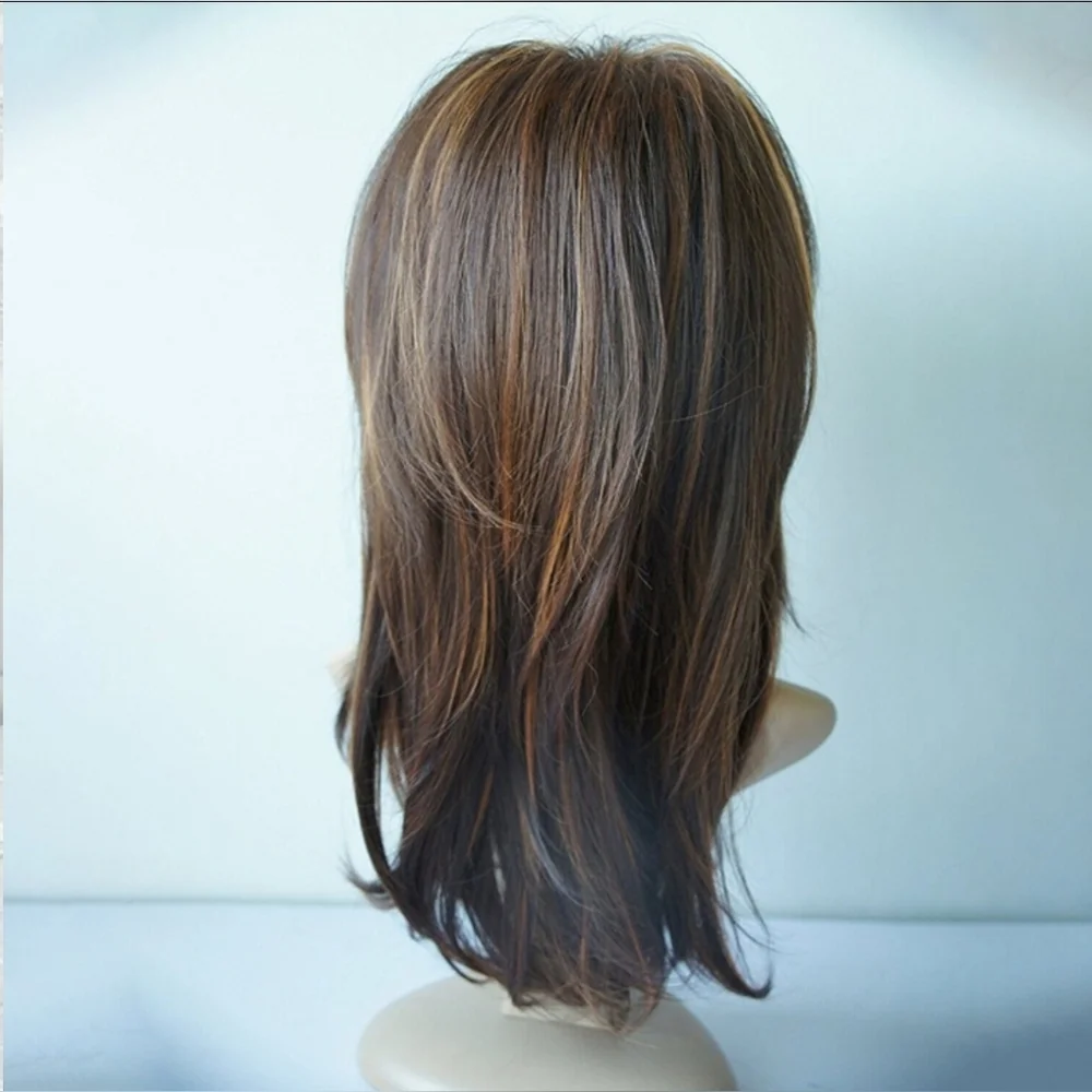 24 Inch Brown Highlight Layered Human Hair Blend Hair Wig